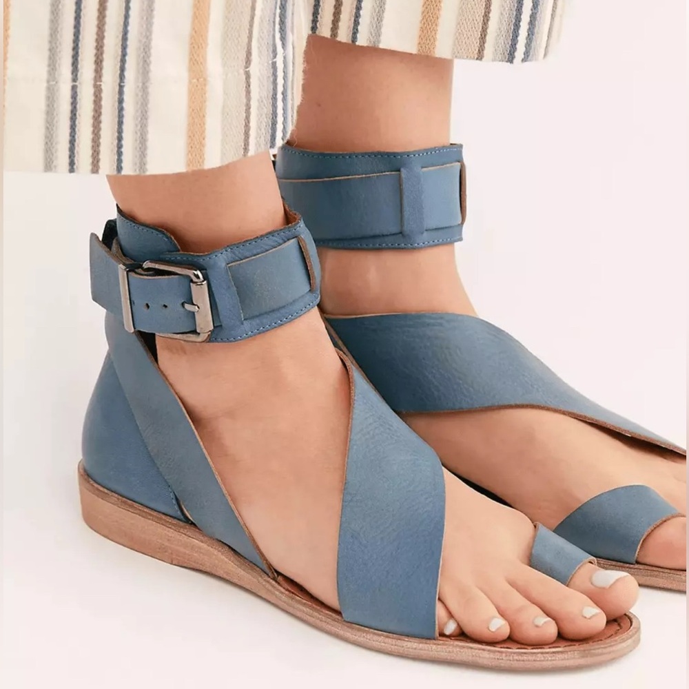 FREE PEOPLE Vale Blue Leather Ankle Buckle Strap Flat Boot Sandals Sz 41 NWOB - Picture 4 of 15